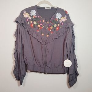 Hummingbird Gray Embroidered Floral Jacket S